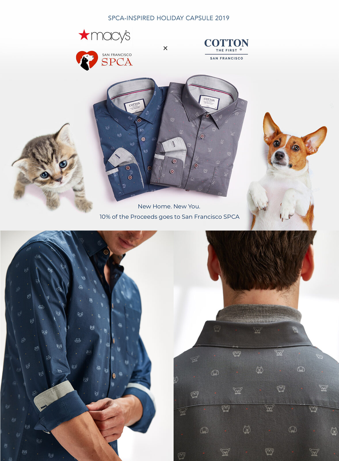 Adopt-a-Shirt capsule — two limited-edition shirts with SPCA branding, a kitten and a dog